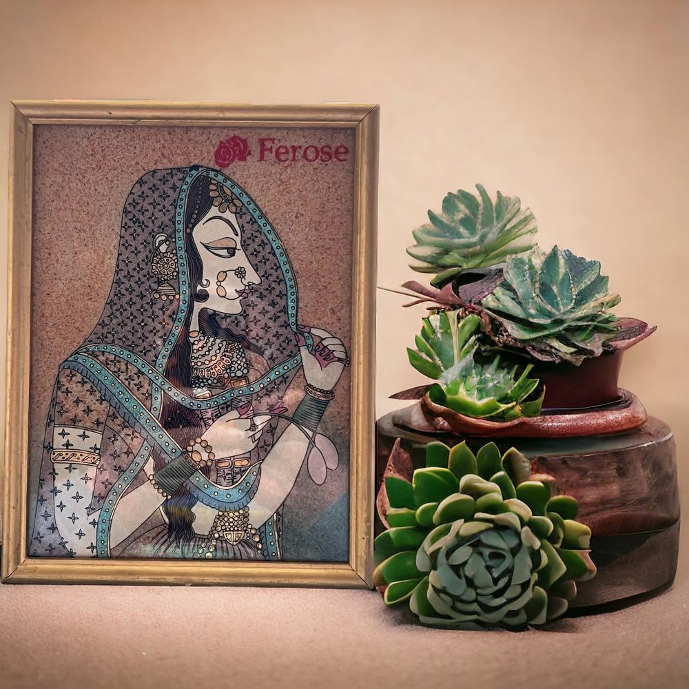Rajasthan Gem Stone Painting Indian Woman Ferose Asian Framed 8.75" x 6.5" Gem G